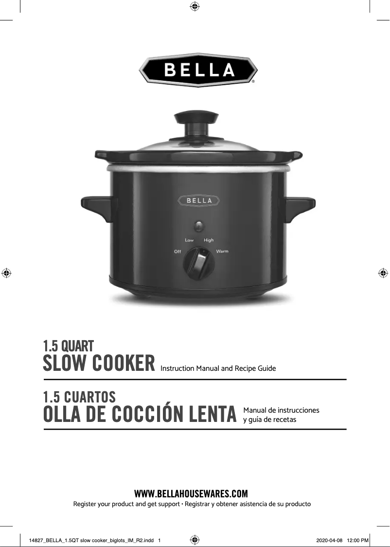 Page 1 of the manual User Manual Bella 1.5qt Slow Cooker