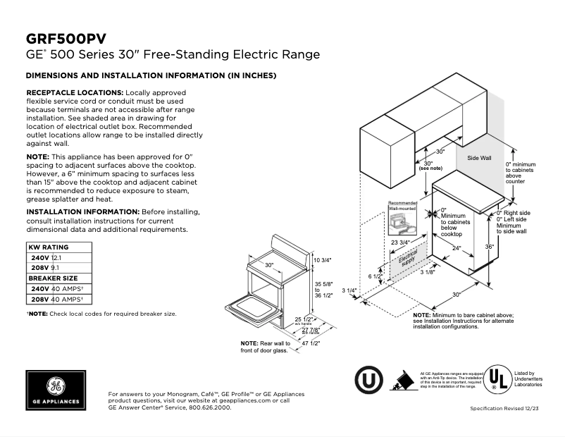 First page image of the manual for GRF500PVES