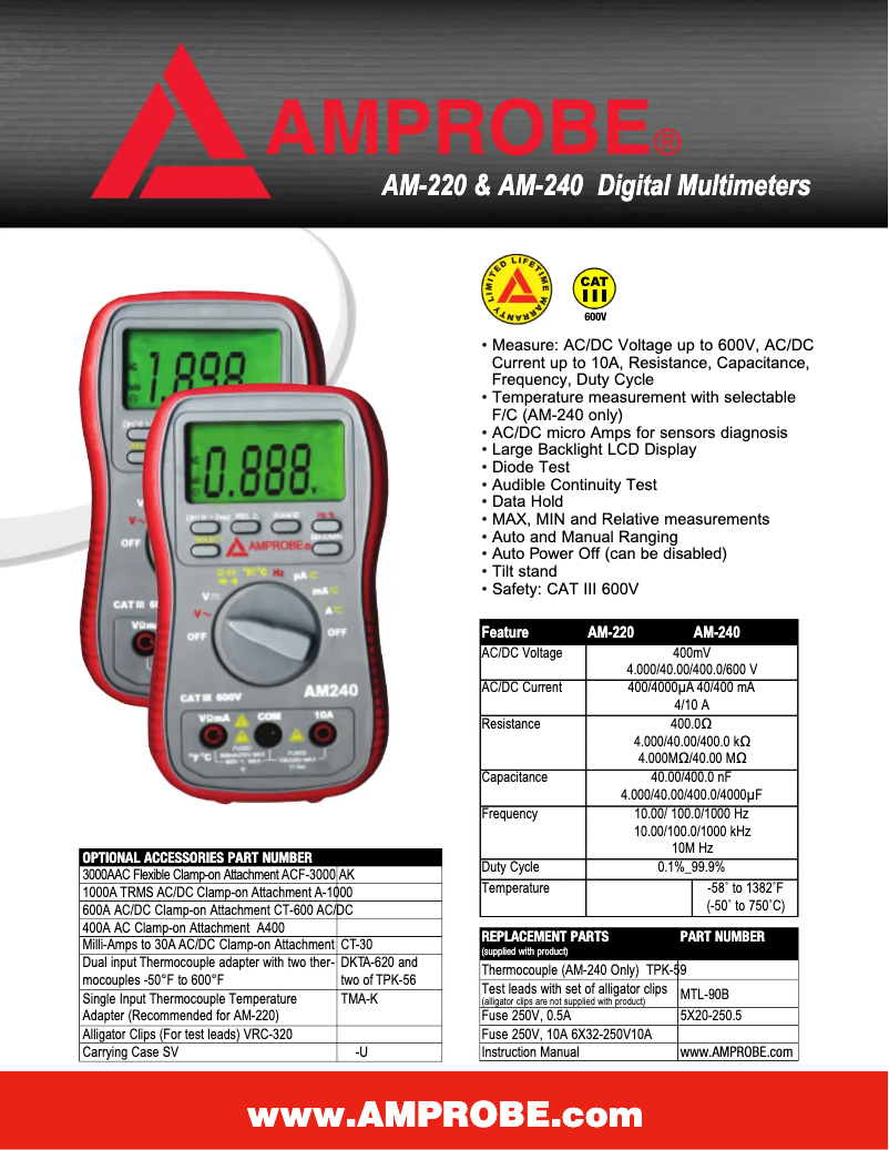 Page 1 of the manual Technical Sheet Amprobe AM-240