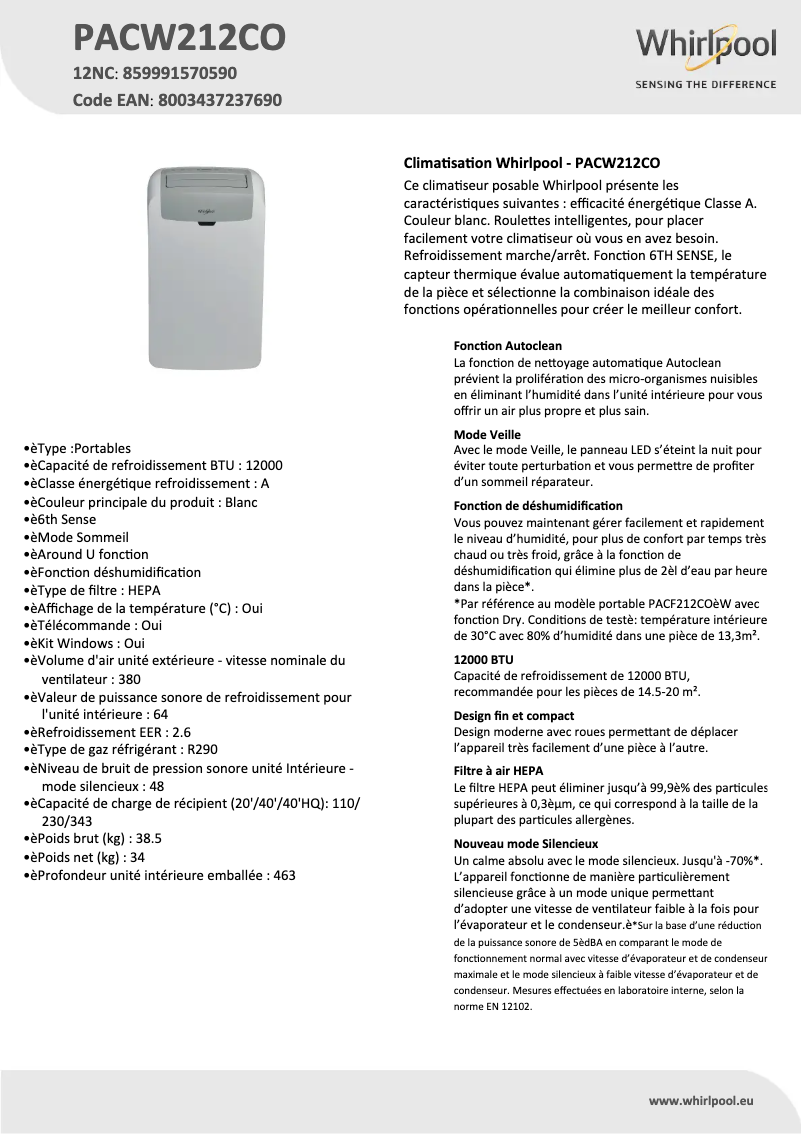 First page image of the manual for PACW212CO