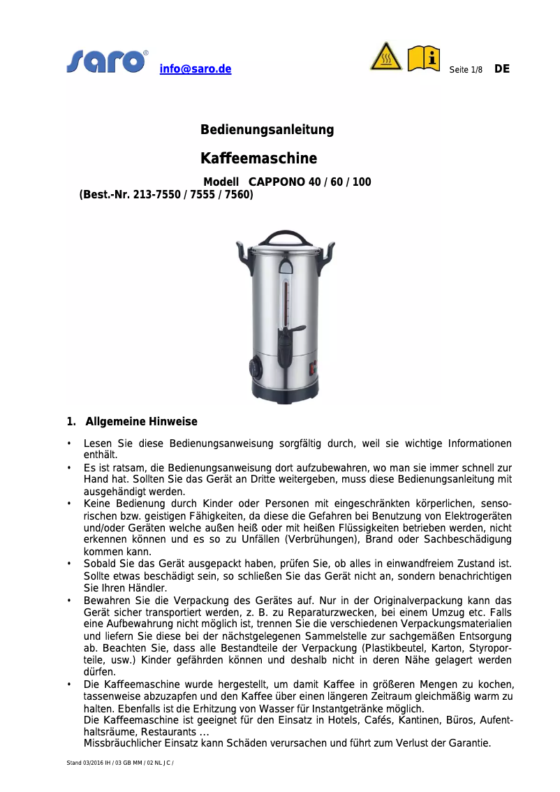 Page 1 de la notice Manuel utilisateur Saro Cappono 40
