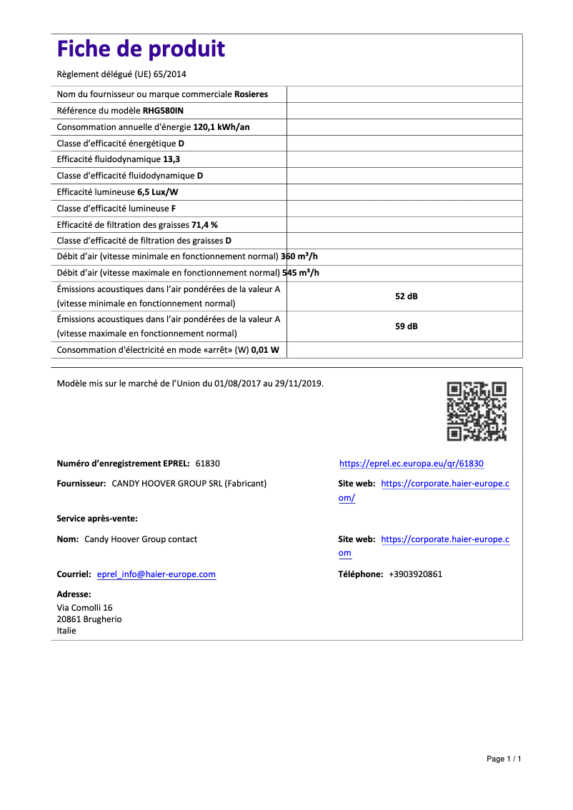 Page 1 of the manual Technical Sheet Rosieres RHG 580 IN