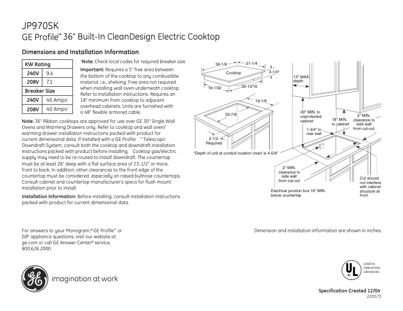 Page 1 of the manual Technical Sheet GE Profile JP970SKSS