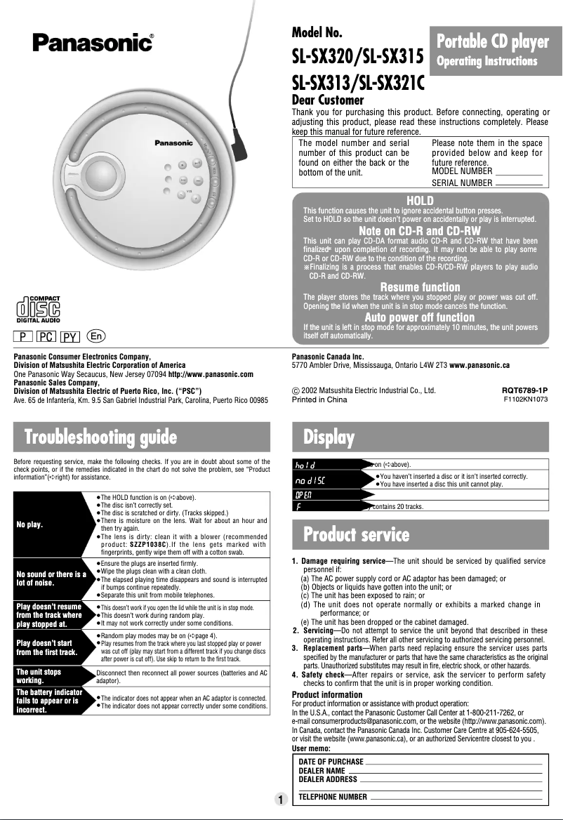 Page 1 of the manual User Manual Panasonic SL-SX320