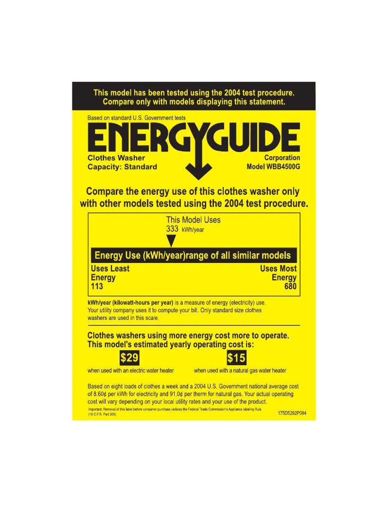 Page 1 of the manual Energy Label GE WBB4500GWW