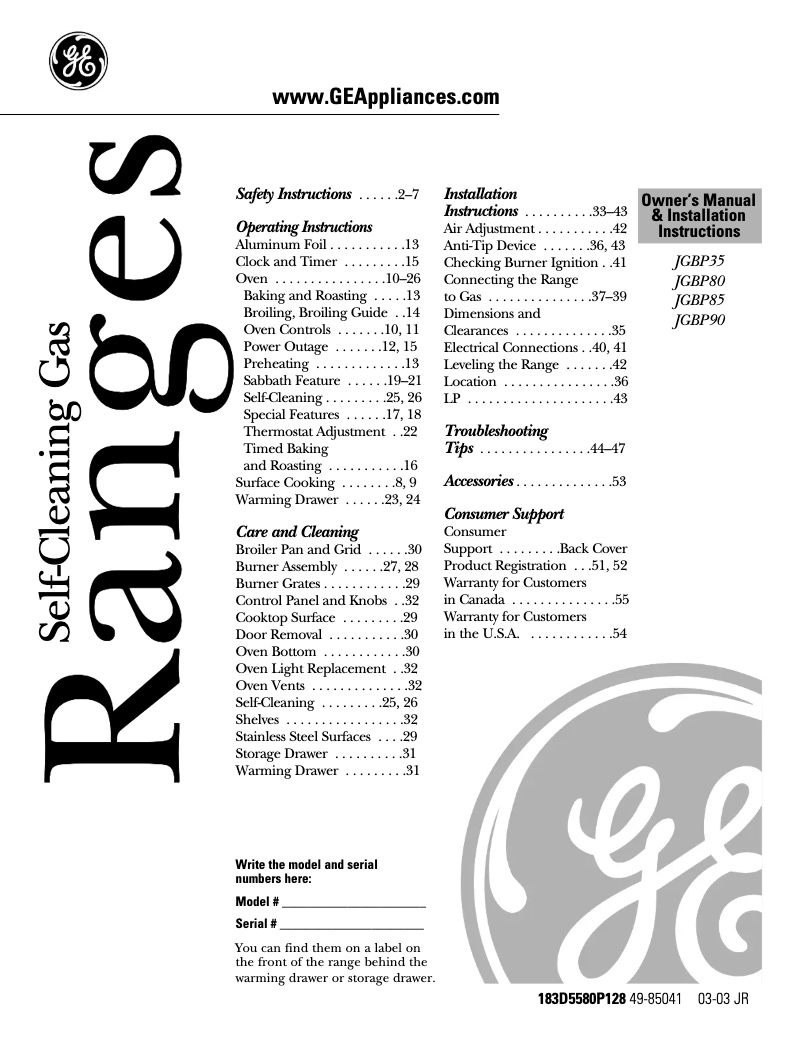 First page image of the manual for Spectra JGBP35BEABB