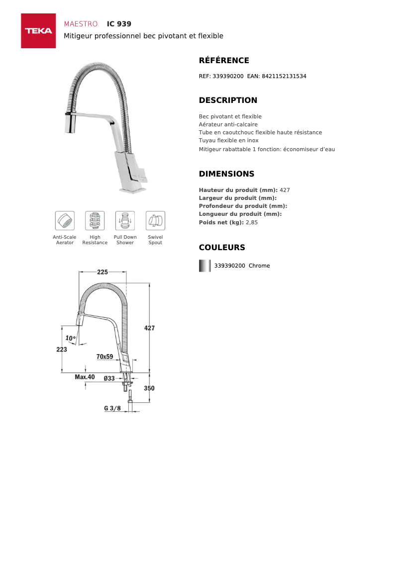 Page 1 of the manual Technical Sheet Teka IC 939