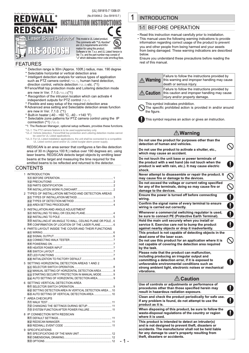 Page 1 of the manual User Manual Optex RLS-3060SH
