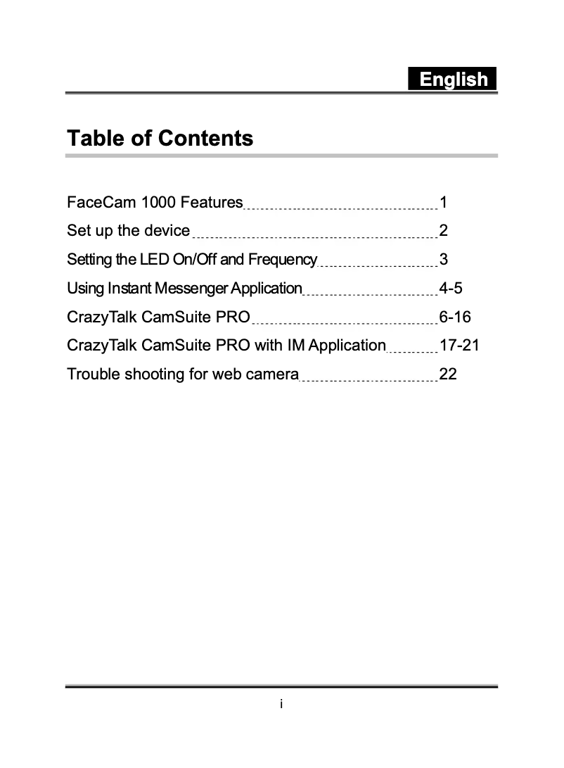 Image de la première page du manuel de l'appareil FaceCam 1000