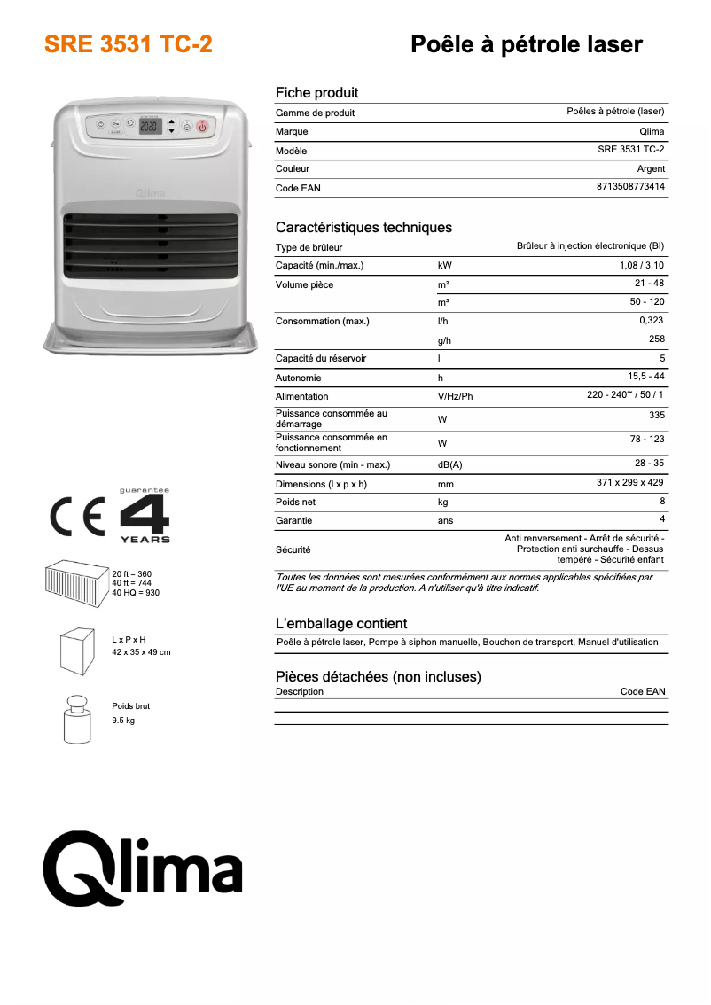 Page 1 of the manual Technical Sheet Qlima SRE3531TC-2