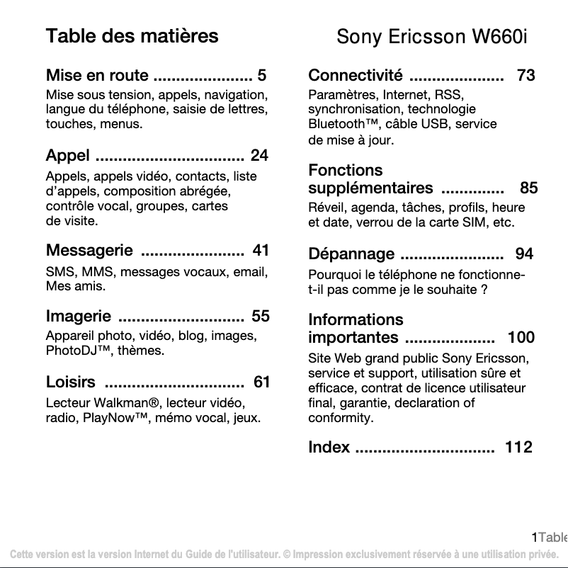 Page 1 of the manual User Manual Sony Ericsson W660i