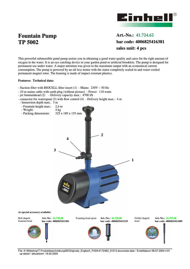 Page 1 of the manual Technical Sheet Einhell Royal TP 5002