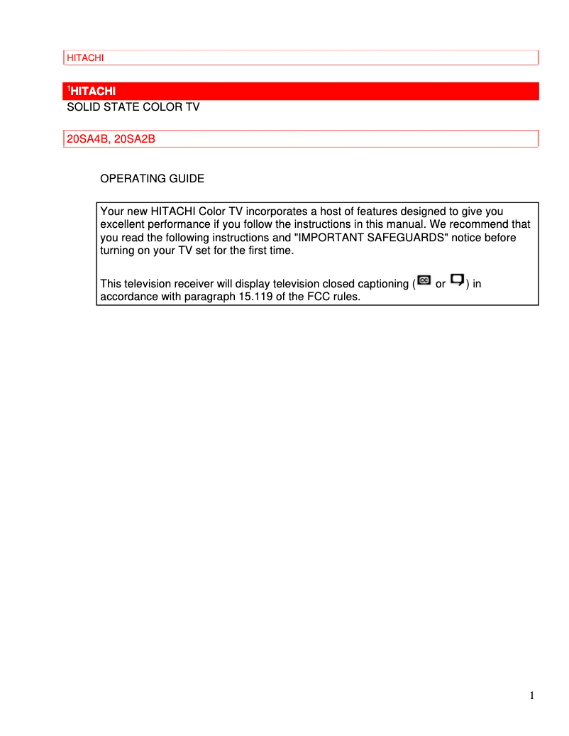 Page 1 of the manual User Manual Hitachi 20SA4B