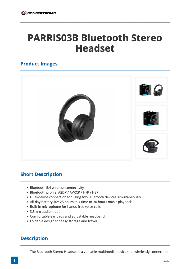 Page 1 of the manual Technical Sheet Conceptronic PARRIS03B