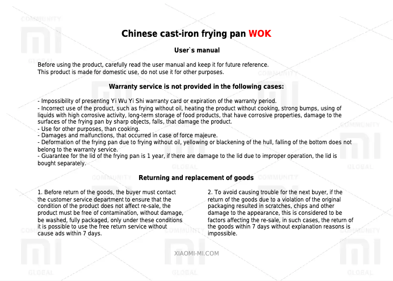 First page image of the manual for Yi Wu Yi Shi Wok