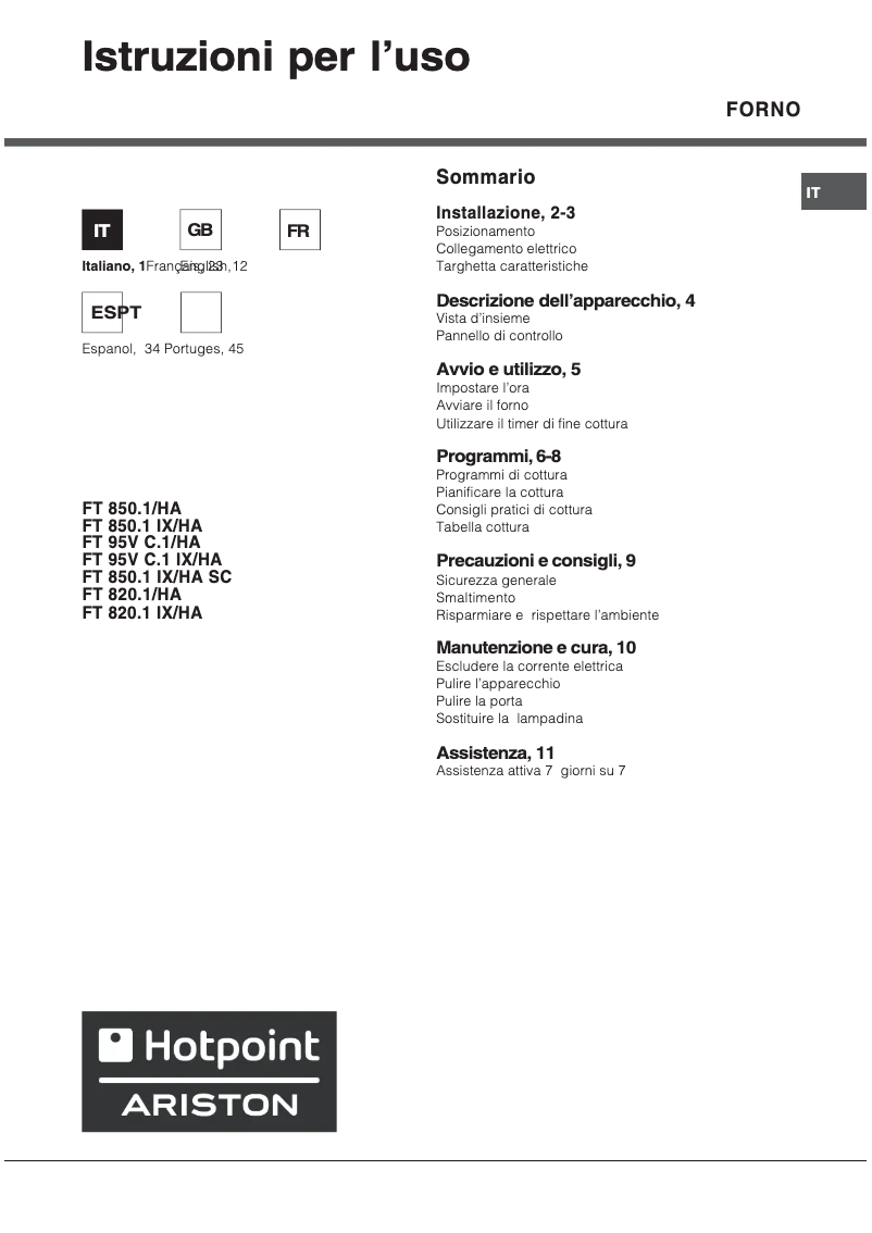 Page 1 of the manual User Manual Hotpoint Ariston FT 850.1 (RB) /HA