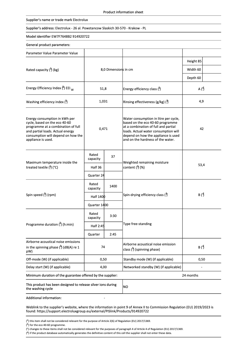 Page 1 of the manual Technical Sheet Electrolux EW7F7648B2