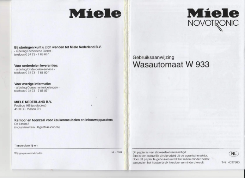 Page 1 of the manual User Manual Miele W 933 Novotronic
