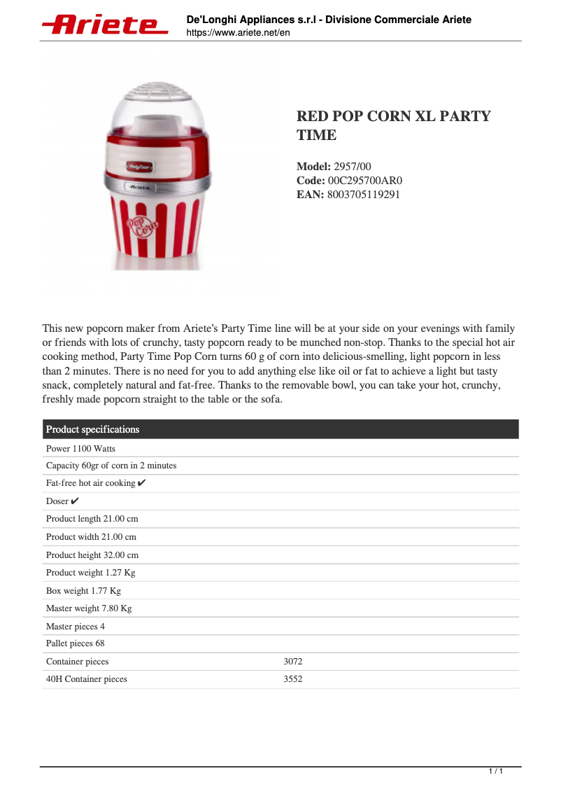 Page 1 de la notice Fiche technique Ariete Pop Corn XL Party Time 2957