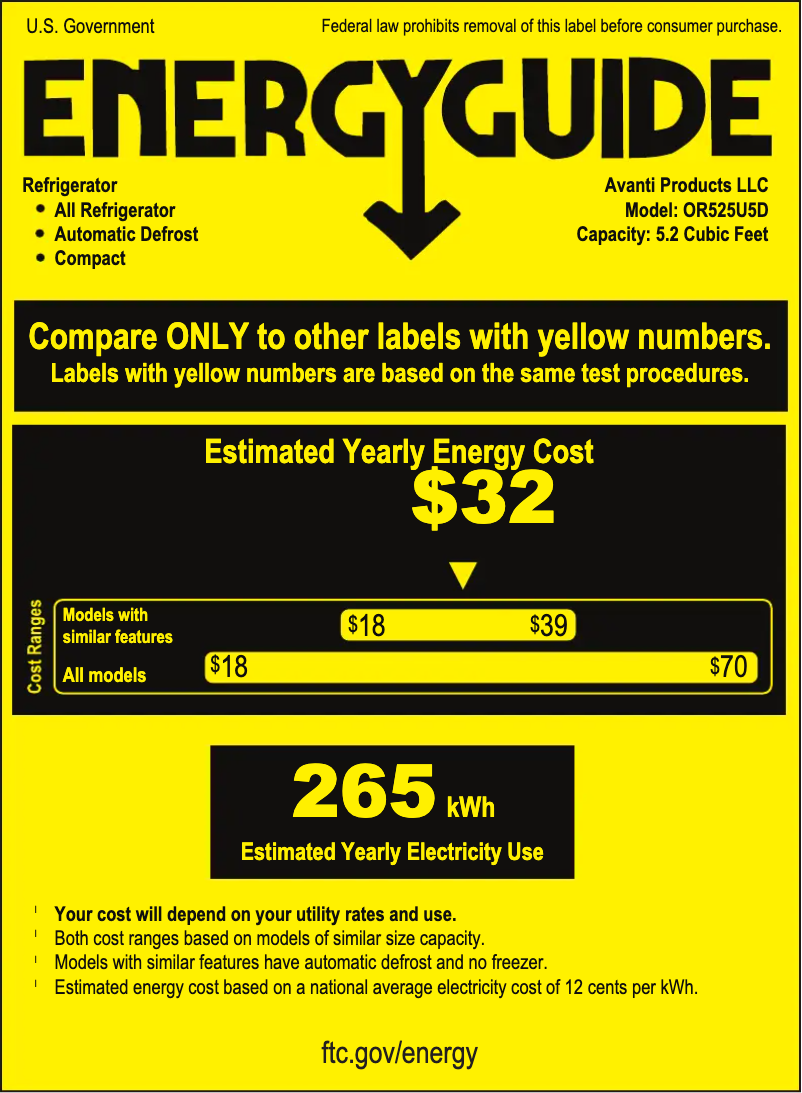Page 1 of the manual Energy Label Avanti OR525U5D