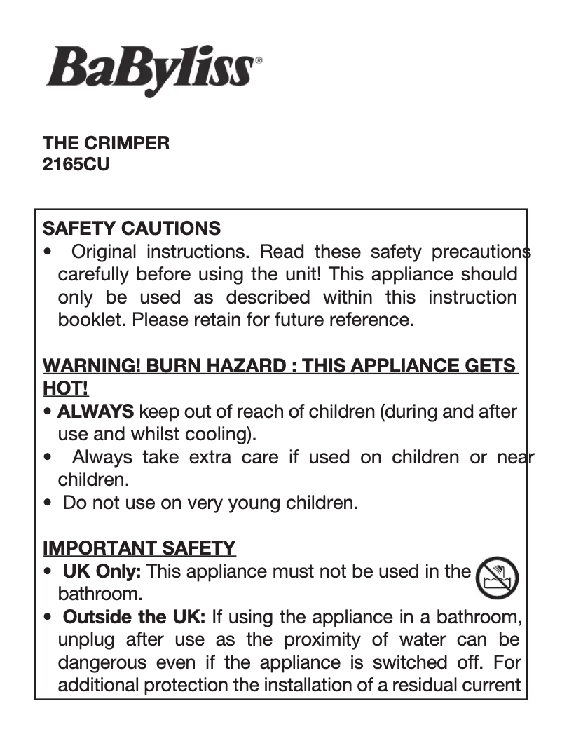 Page 1 of the manual User Manual BaByliss The Crimper 2165CU
