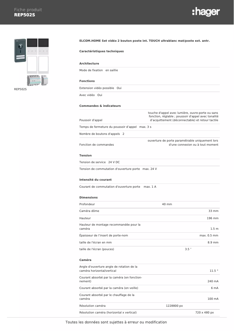 Page 1 of the manual Technical Sheet Hager REP502S