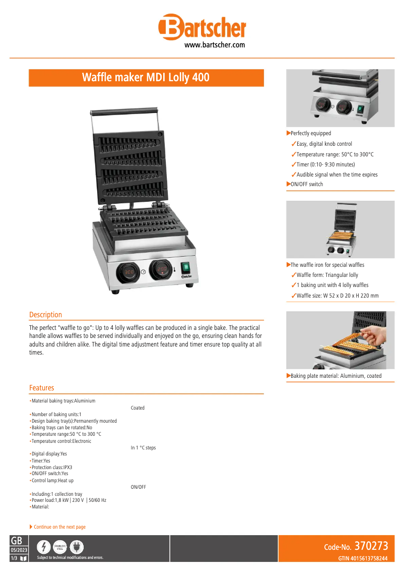 Page 1 of the manual Technical Sheet Bartscher Lolly 400