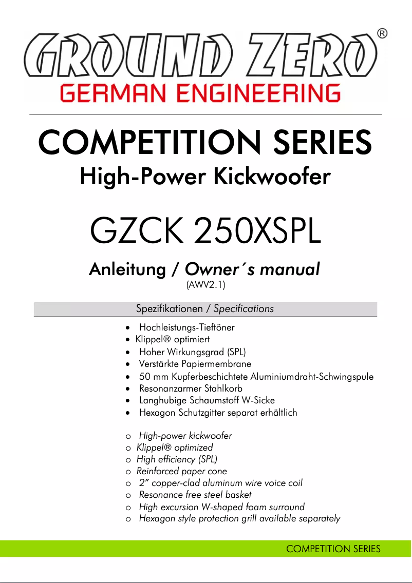 First page image of the manual for GZCK 250XSPL