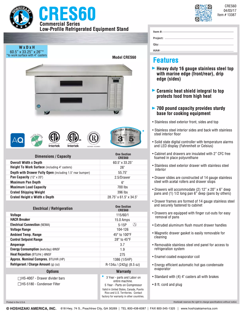 First page image of the manual for Commercial CRES60