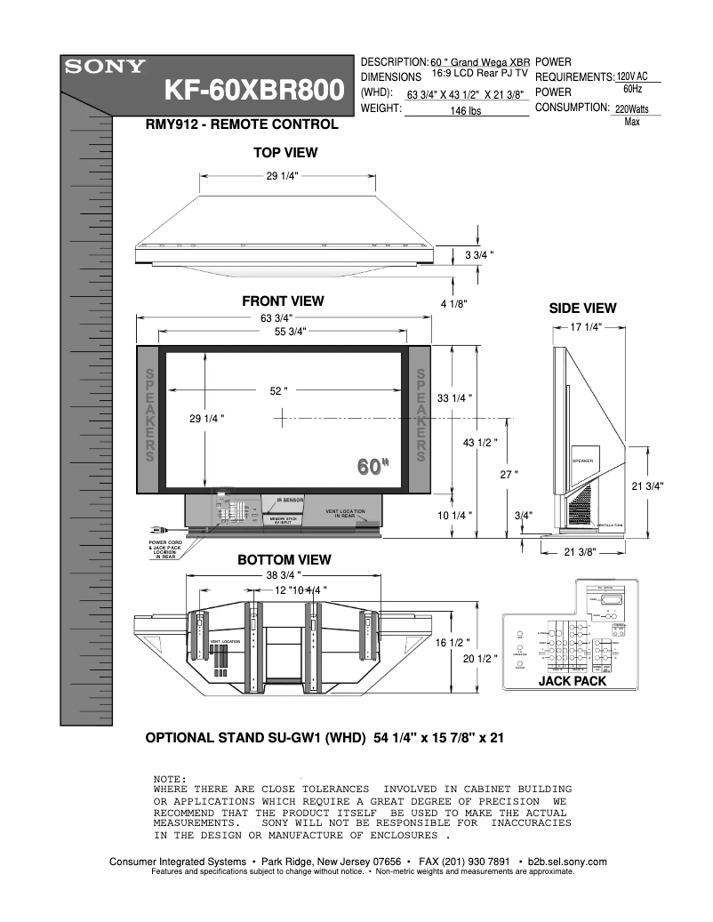Page 1 of the manual Installation Guide Sony KF-60XBR800