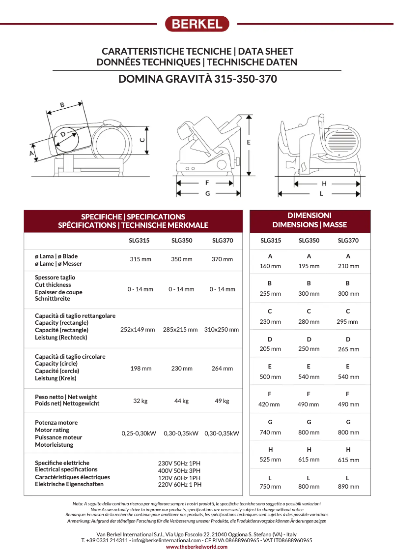 Page 1 of the manual Technical Sheet Berkel Domina Gravitá SLG370