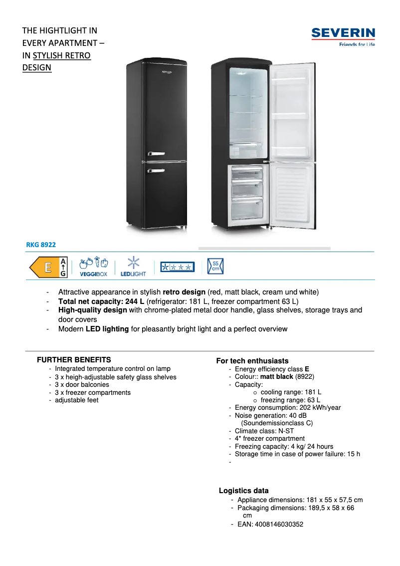 Page 1 of the manual Technical Sheet Severin RKG 8922