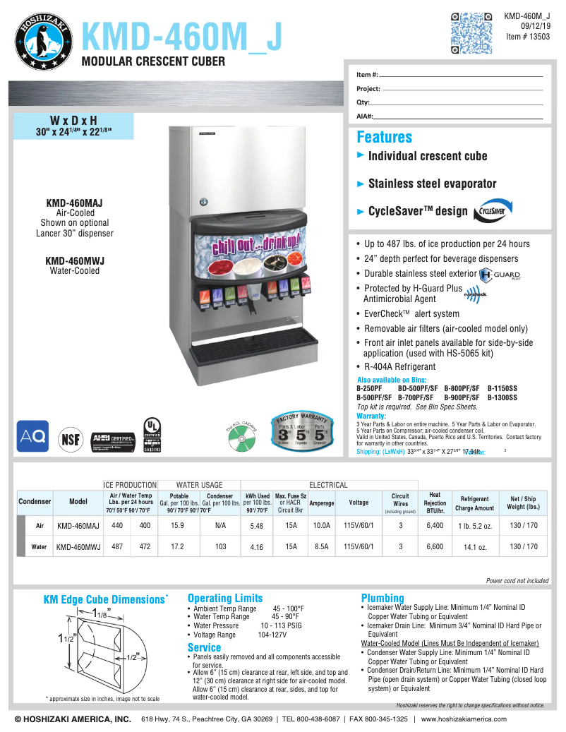 Page 1 of the manual Technical Sheet Hoshizaki KMD-460MAH