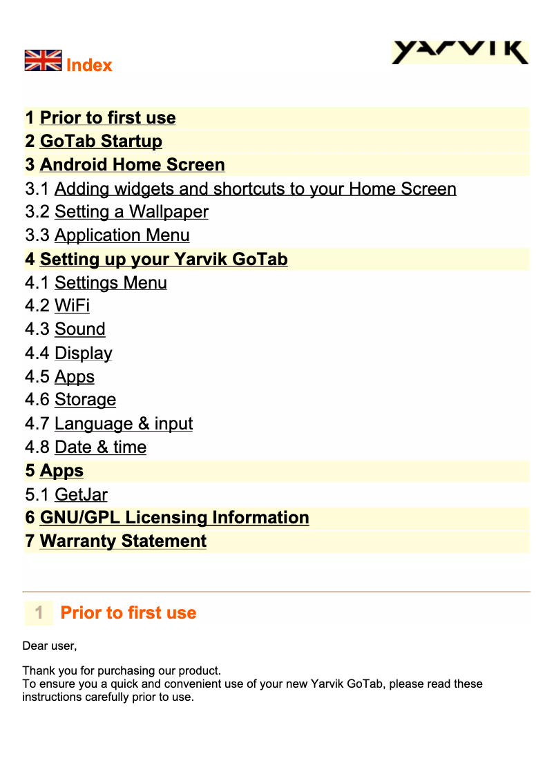 First page image of the manual for GoTab Xerios 10"