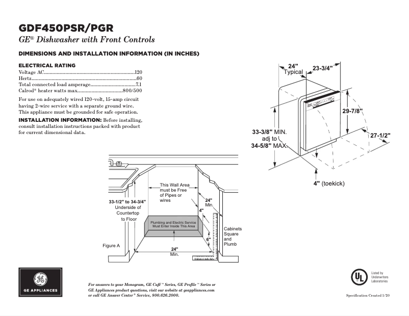 Page 1 of the manual Technical Sheet GE GDF450PGRWW