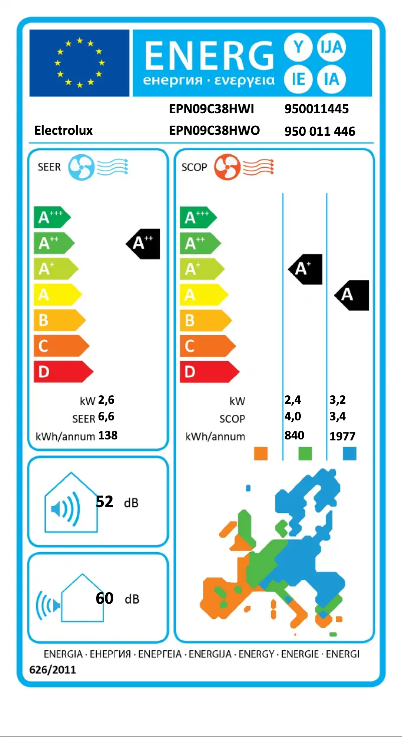 Page 1 of the manual Energy Label Electrolux EPN09C38HWO