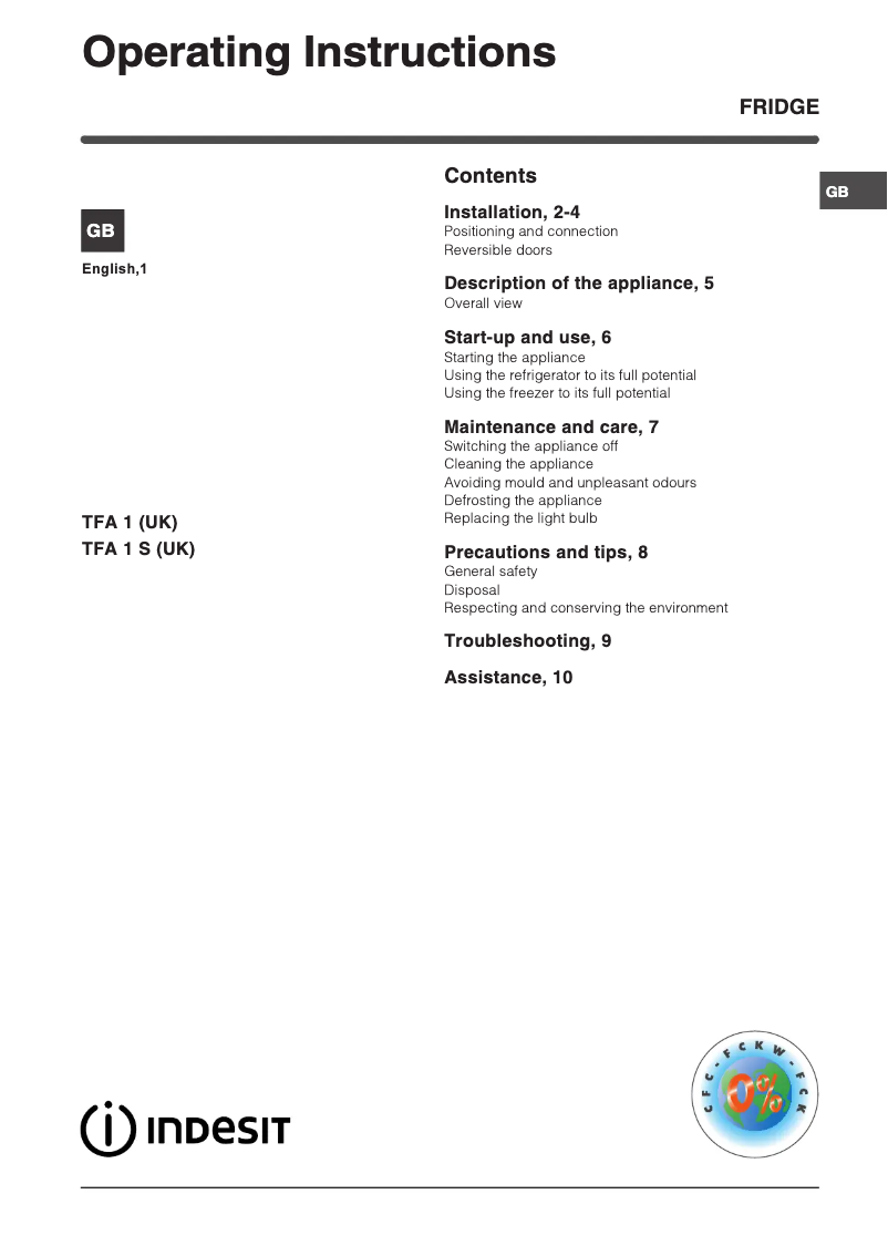 Page 1 of the manual User Manual Indesit TFA 1 S (UK)