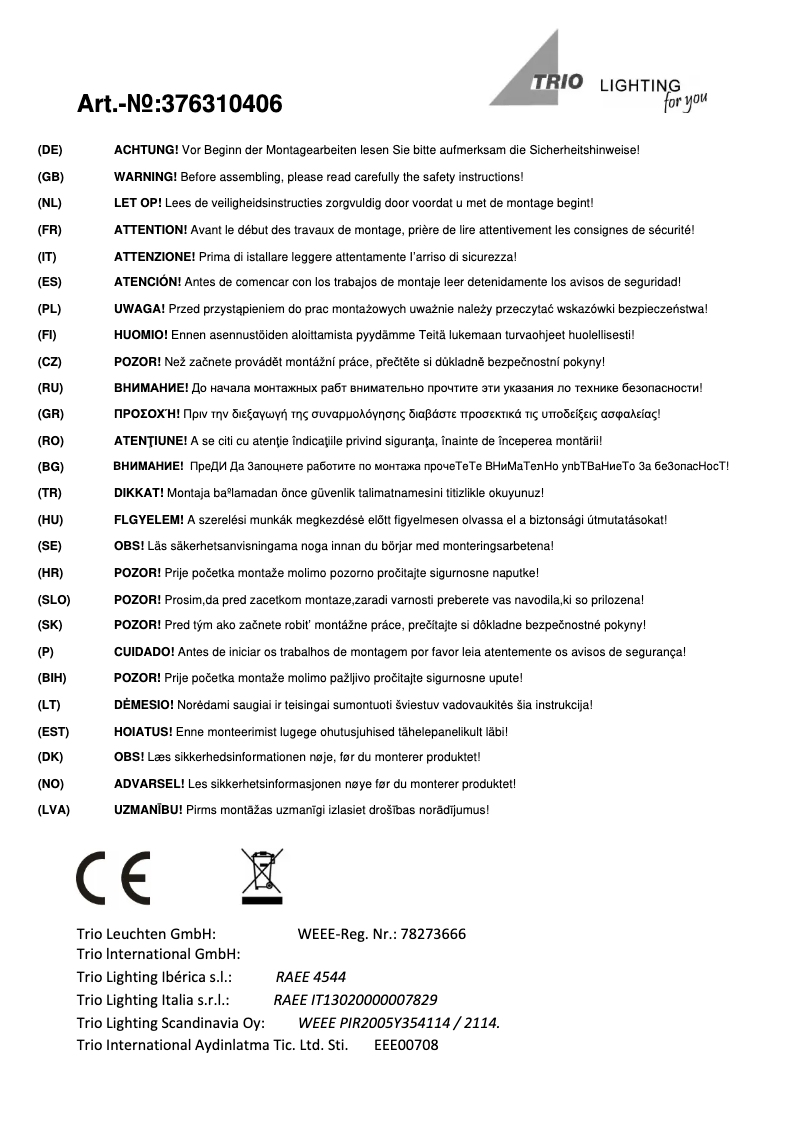 Page 1 of the manual User Manual Trio Lighting Portofino 376310406