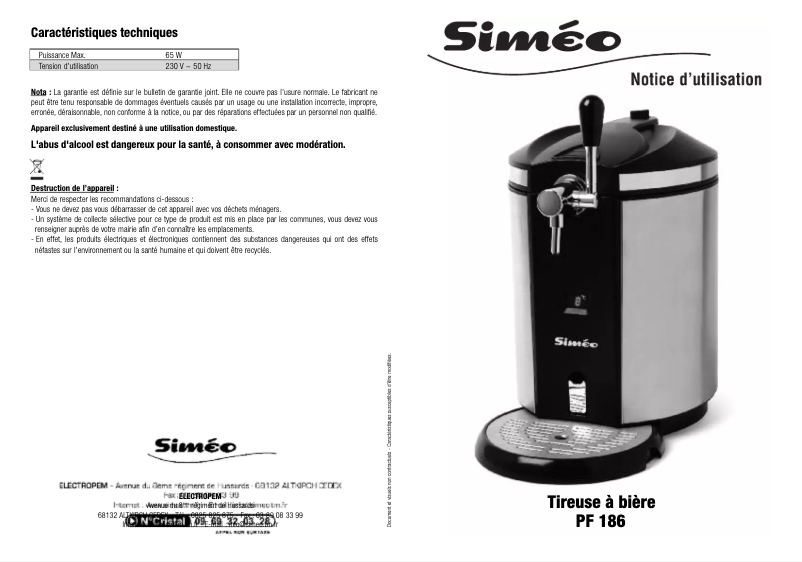 Page 1 de la notice Manuel utilisateur Siméo PF 186