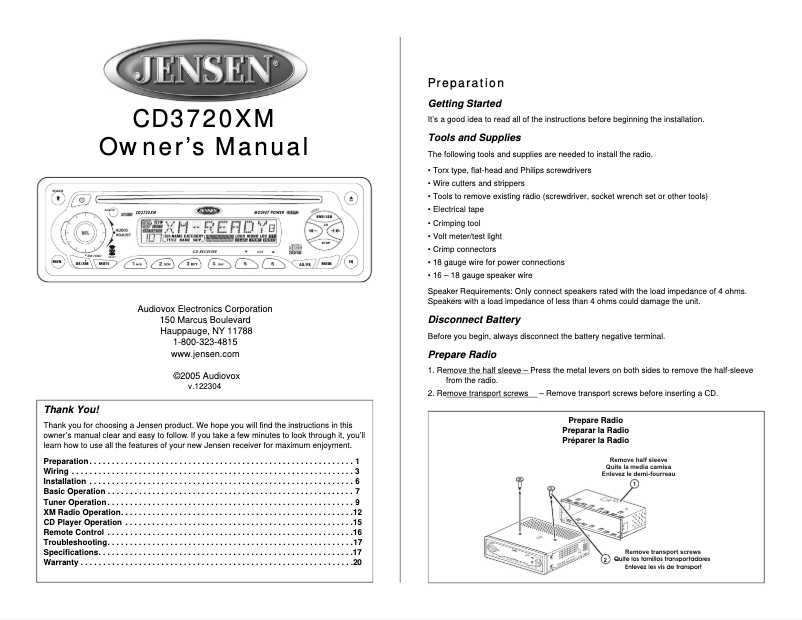 Page 1 of the manual User Manual Jensen CD3720XM