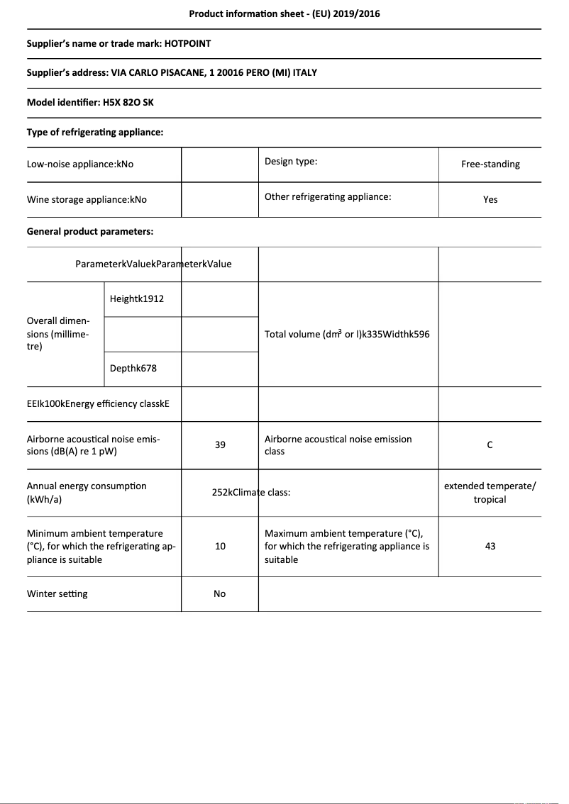 Page 1 of the manual Technical Sheet Hotpoint H5X 82O SK