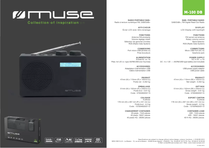 Page 1 de la notice Fiche technique Muse M-100 DB