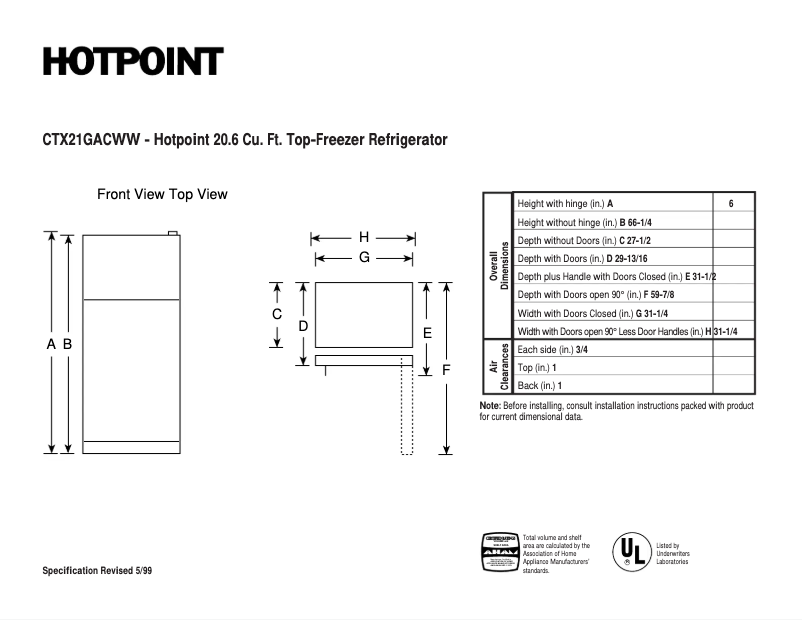 Page 1 of the manual Technical Sheet Hotpoint CTX21GACWW