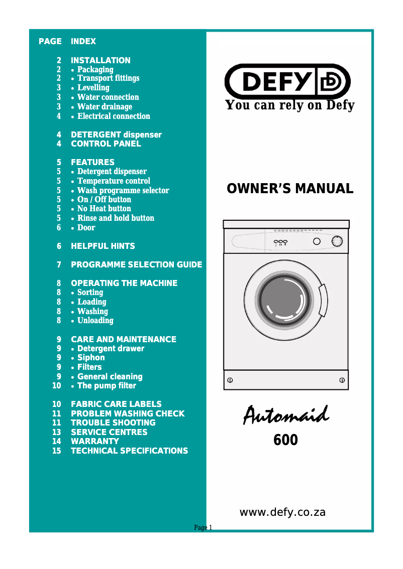 First page image of the manual for Automaid 600