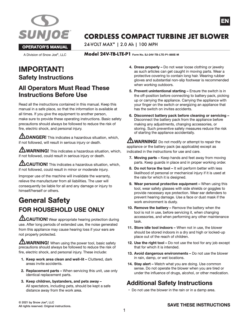 Page 1 of the manual User Manual Sun Joe 24V-TB-LTE-P1