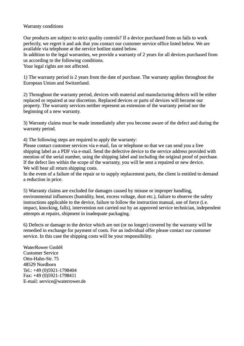 Page 1 of the manual Warranty Information Waterrower S1