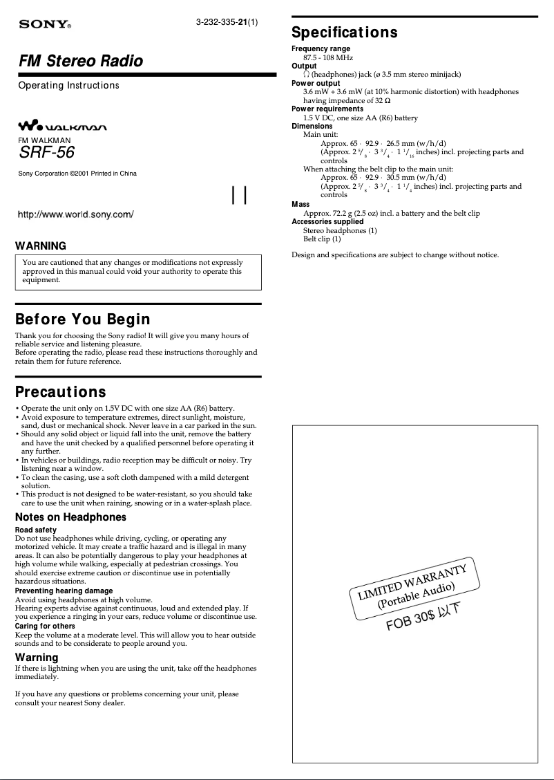 Page 1 of the manual User Manual Sony SRF-56