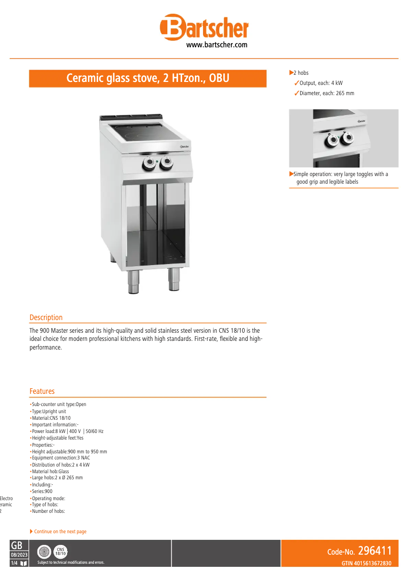 Page 1 of the manual Technical Sheet Bartscher 296411