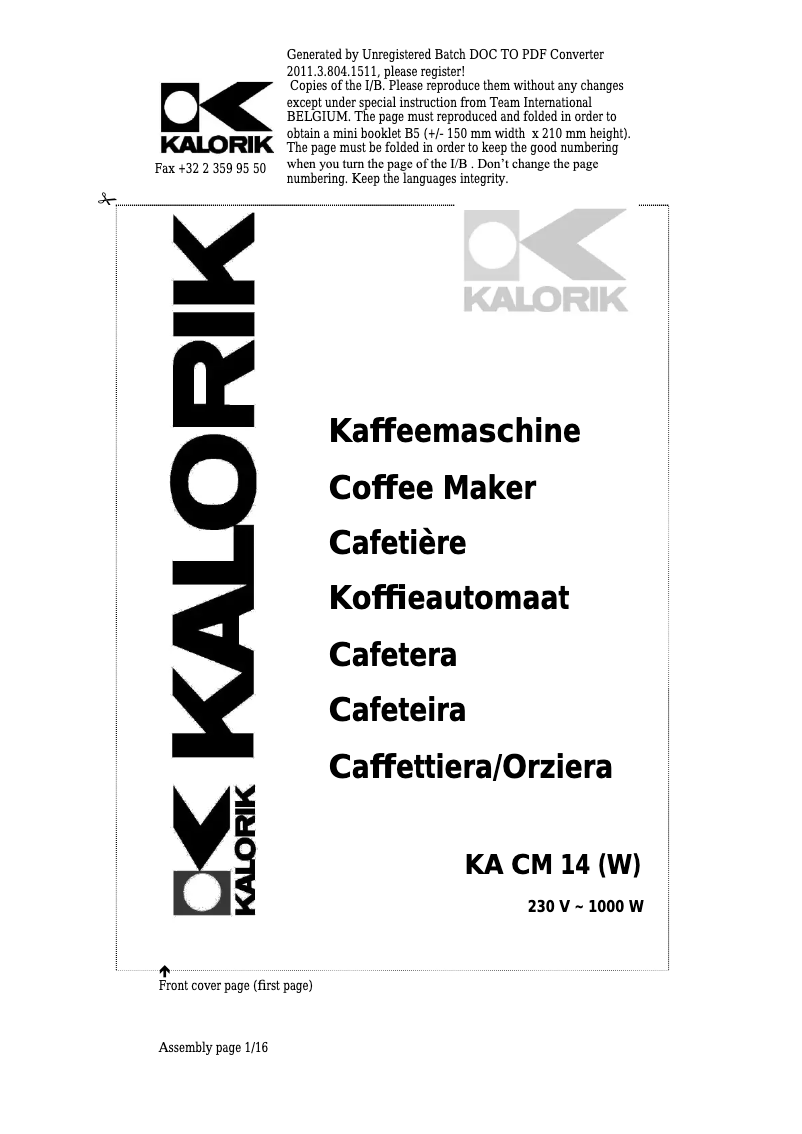 First page image of the manual for KA CM 14 W