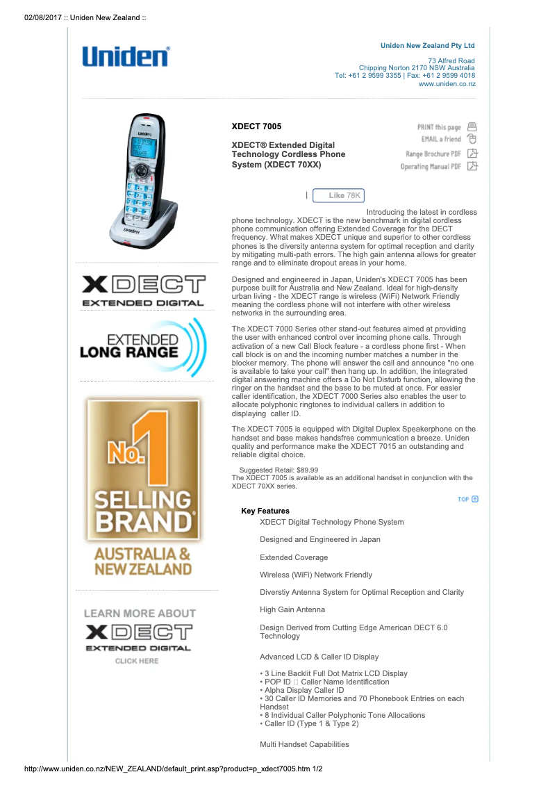 Page 1 of the manual User Manual Uniden XDECT 7005